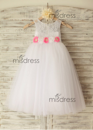 Ivory Lace Tulle Wedding Flower Girl Dress With Flower Sash